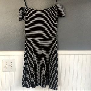 Off-the-shoulder black & white striped knit dress